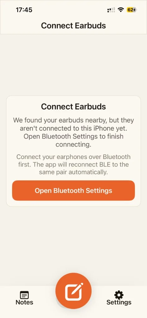 Connect Superear screen with an Open Bluetooth Settings button