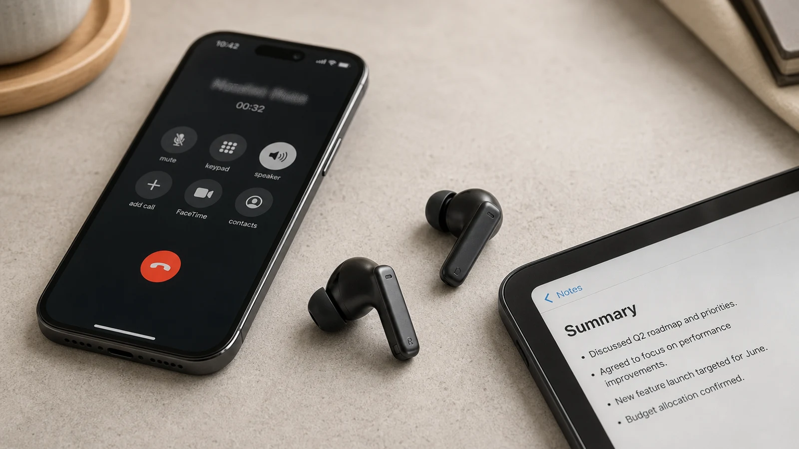 Earbuds and phone on a call beside a Summary notes screen — no charging case
