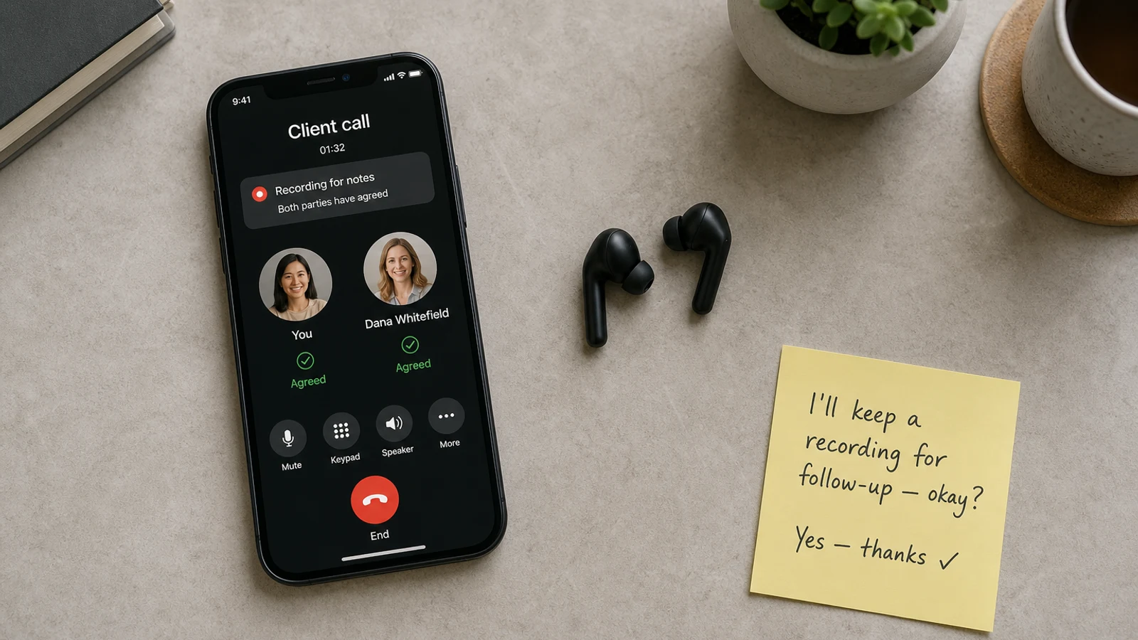 Call with Dana Whitefield showing recording-for-notes consent agreed by both parties