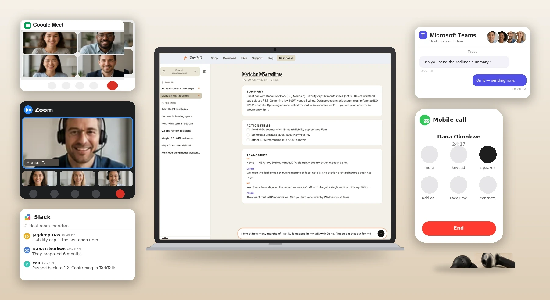Simple Google Meet, Teams, Zoom, Slack, and Mobile call labels around a TarkTalk notes screen