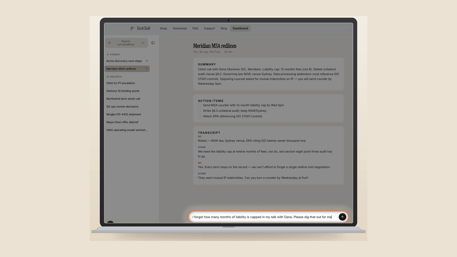 Original TarkTalk ask bar highlighted under the Meridian MSA conversation